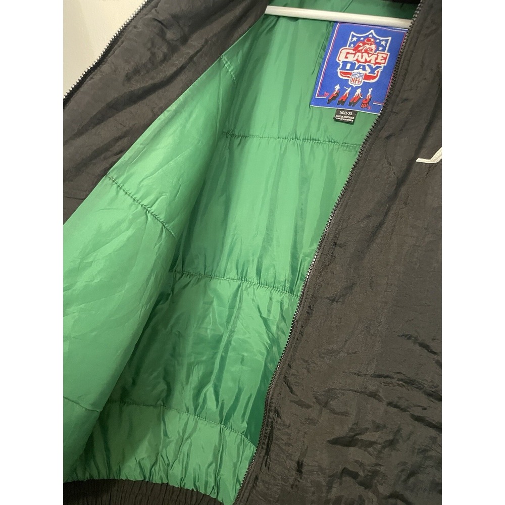 Vintage 90s New York Jets NFL Game Day Puffer Jacket XL Black Green Hooded Coat - Picture 3 of 9